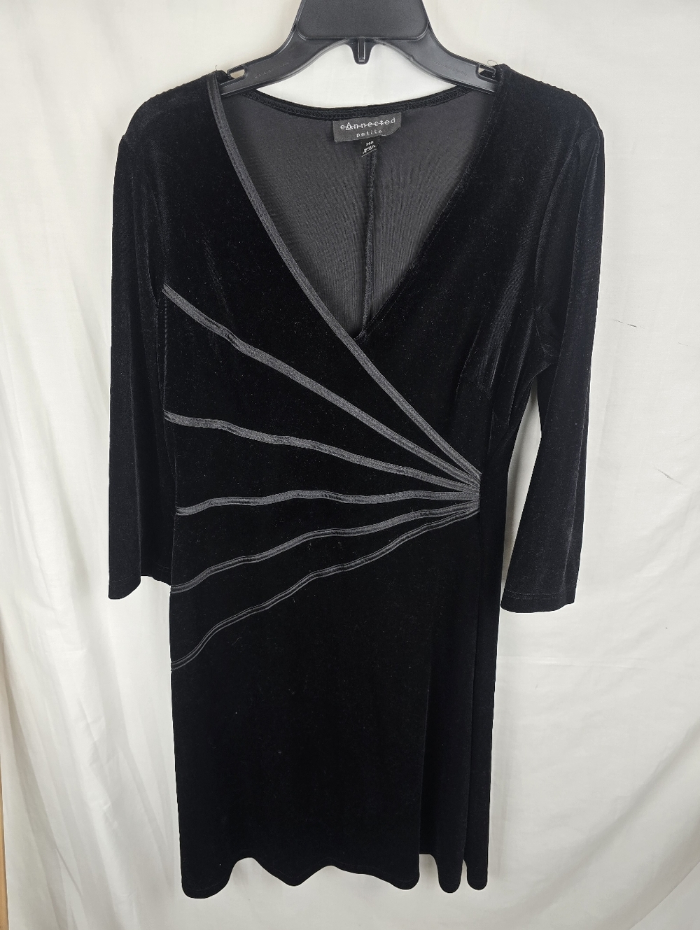 Connected Apparel Black Velvet V-Neck Wrap Dress W/Piping Sz 14P